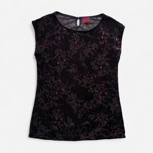 Velvet burnout sleeveless top purple black floral 212 Collection retro women XS